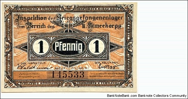 1 Pfennig (Berlin/Brandenburg Havel - Prisoners of War Camp 1917)  Banknote