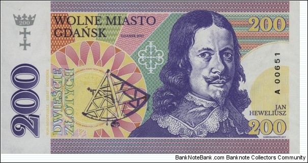 Gdańsk 200 Złotych - Jan Heweliusz. Private issue, souvenir, non-negotiable. Banknote
