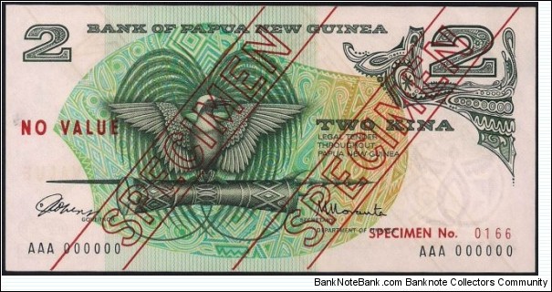 2 Kina Specimen Note, PNG formally administered by Australia, Independence 1975 Banknote