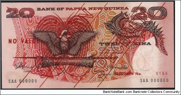 20 Kina Specimen note, PNG formally administered by Australia, Independence 1975  Banknote
