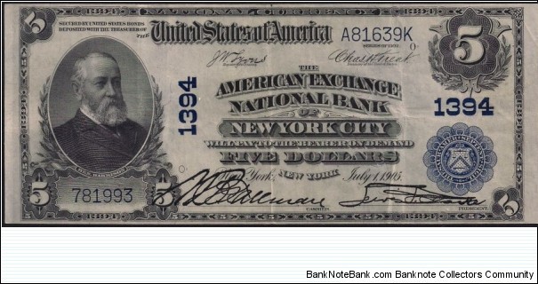$5 American Exchange National Bank, New York City Banknote