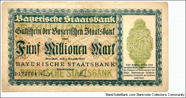 5.000.000 Mark (Local Issue - Notgeld / Bavarian Note Issuing Bank-Weimar Republic 1923)  Banknote