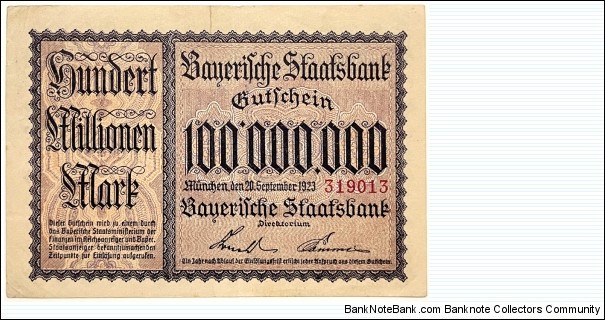 100.000.000 Mark (Local Issue - Notgeld / Bavarian Note Issuing Bank-Weimar Republic 1923)  Banknote
