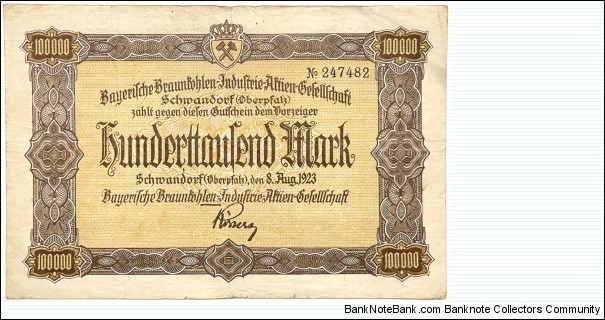 100.000 Mark (Notgeld-Token /Bavarian Brown Coal Industry Corporation BBI AG /Schwandorf -Weimar Republic 1923)   Banknote