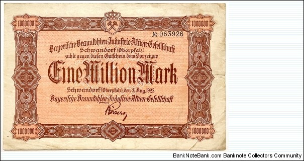 1.000.000 Mark (Notgeld-Token /Bavarian Brown Coal Industry Corporation BBI AG/Schwandorf -Weimar Republic 1923)  Banknote