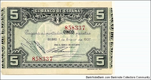 5 Pesetas (Spanish Civil War / Bilbao) Banknote
