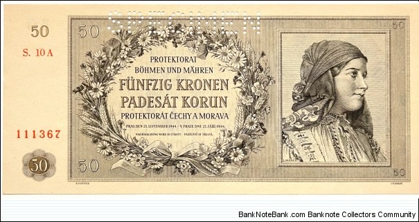 50 Kronen/Korun (Protectorate of Bohemia and Moravia 1944 / Specimen)  Banknote