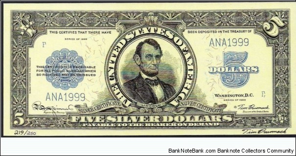 Tim Prusmack 219/250 $5 Silver Porthole Note Series 1923 Banknote