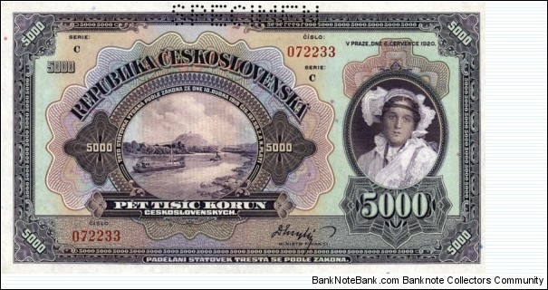 Czechoslovakia 5000 Korun - SPECIMEN Banknote