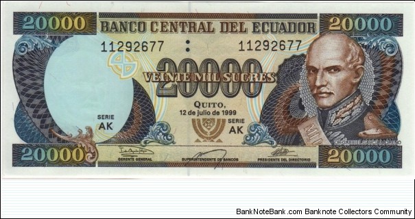 P-129 (Not listed in catalogue) 20,000 Sucres Banknote
