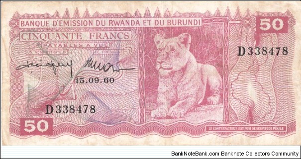 P-4 50 Francs (Rwanda et Burundi) PMG Graded (VF30 with stains noted) Banknote