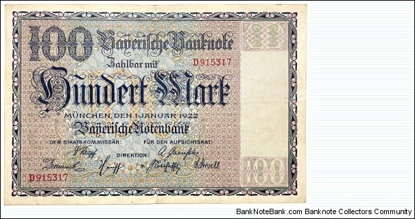 100 Mark (Regional Issue / Bavarian Note Issuing Bank-Weimar Republic 1922)  Banknote