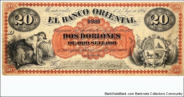 20 Pesos / 2 Doblones (Banco Oriental 1867) Banknote