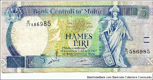 5 Liri (Anthony Galdes signature / 1994 Issue)  Banknote