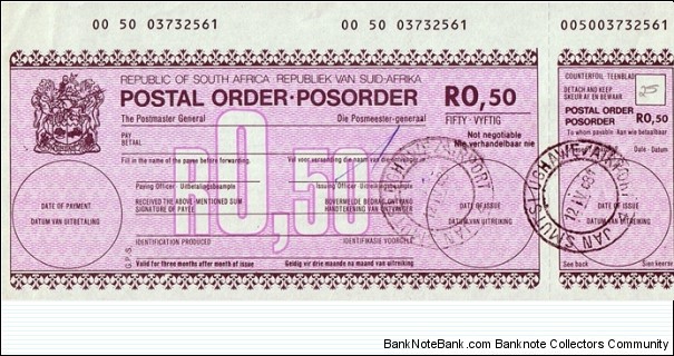 South Africa 1984 50 Cents postal order.

Issued at Jan Smuts Airport, Johannesburg (Transvaal). Banknote