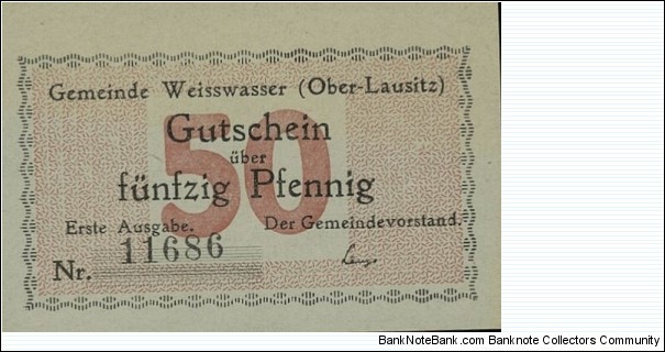 50 Pfennig - Notgeld. Weisswasser (Weißwasser/Oberlausitz) Banknote