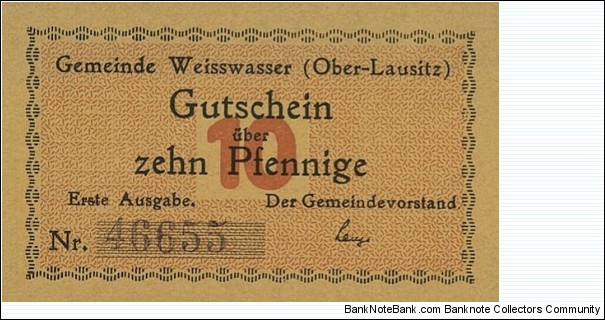 10 Pfennig - Notgeld. Weisswasser (Weißwasser/Oberlausitz) Banknote