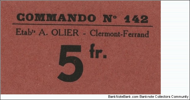 5 Francs - POW camp Clermont-Ferrand.  For use by Axis prisoners in France. Banknote