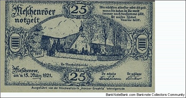 25 Pfennig Notgeld - Meschenroe. Banknote