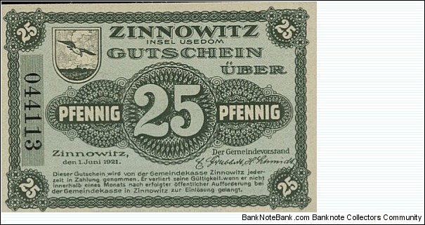25 Pfennig Notgeld - Zinnowitz. Banknote