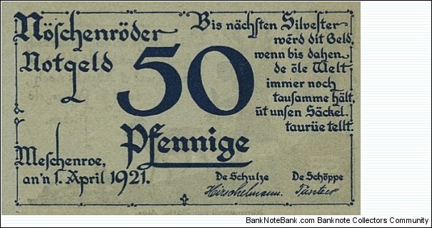 50 Pfennig Notgeld - Meschenroe. Banknote