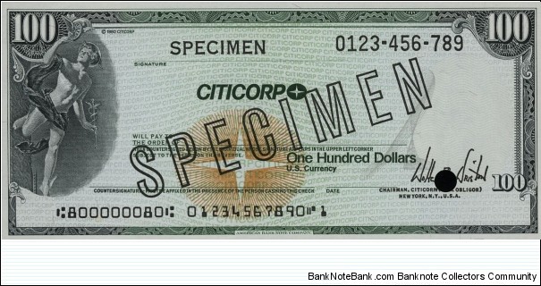 100 Dollars - CITICORP Travelers Check Specimen. Banknote