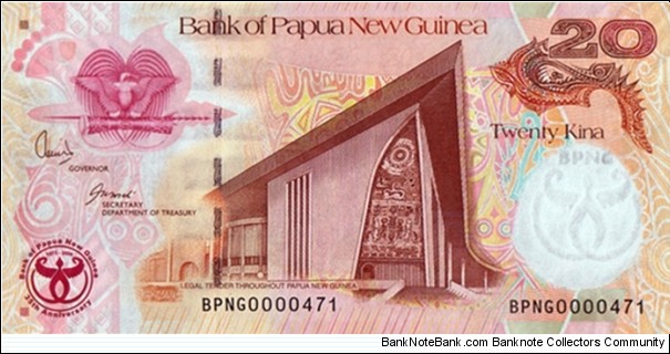 Papua New Guinea 2008 20 Kina.

35 Years of the Bank of Papua New Guinea.

Low serial number. Banknote