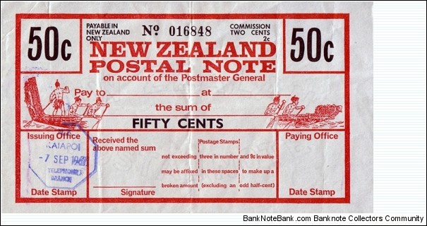New Zealand 1967 50 Cents postal note.

Issued at Kaiapoi Telephone Branch. Banknote