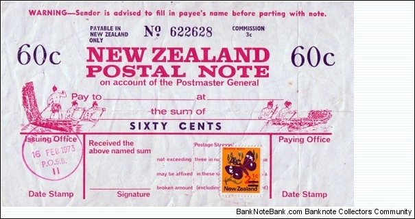 New Zealand 1973 60 Cents postal note.

Issued at Invercargill. Banknote