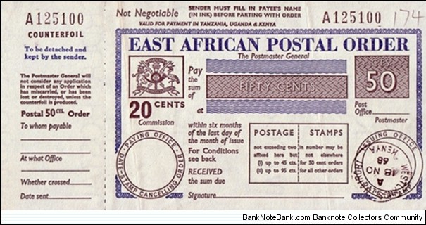 Kenya 1968 50 Cents postal order.

Issued at Westlands, Nairobi. Banknote