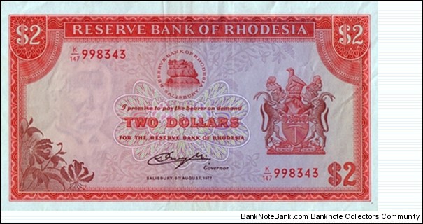 Rhodesia 1977 2 Dollars. Banknote