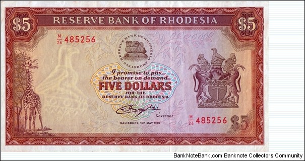 Rhodesia 1979 5 Dollars. Banknote