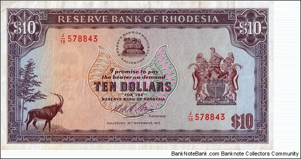 Rhodesia 1973 10 Dollars. Banknote