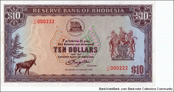 Rhodesia 1979 10 Dollars.

Low serial number. Banknote