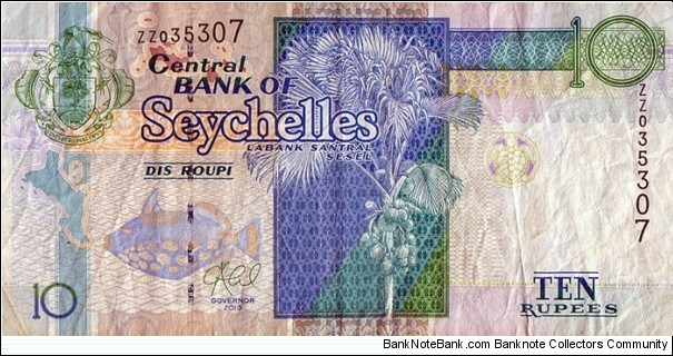 Seychelles 2013 10 Rupees.

Replacement note. Banknote