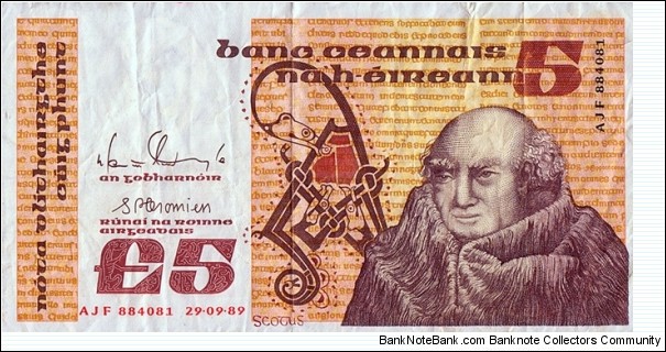 Ireland 1989 5 Pounds.

'AJF' prefix. Banknote