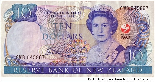 New Zealand 1990 10 Dollars.

CWB = Countrywide Bank. Banknote