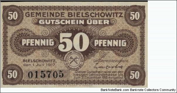 50 Pfennig Notgeld Bielschowitz (Bielszowice, district in the west of Ruda Śląska, Silesian Voivodeship in southern Poland) Banknote