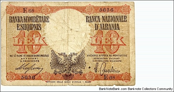 10 Lek (Officina della Banca d'Italia, Rome) Banknote