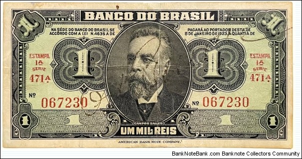 1000 Reis / 1 Cruzeiro (Estampa 1A / Emergency issue of 1944) Banknote