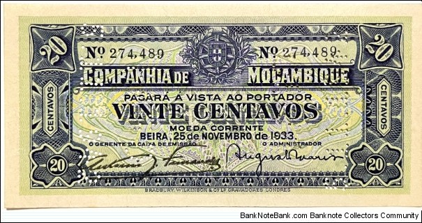 20 Centavos (Companhía de Moçambique / Beira 1933 / consecutive series 1 of 2 - 274 489) Banknote