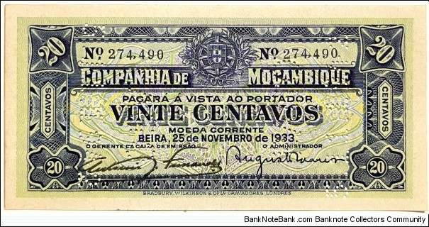 20 Centavos (Companhía de Moçambique / Beira 1933 / consecutive series 2 of 2 - 274 490) Banknote