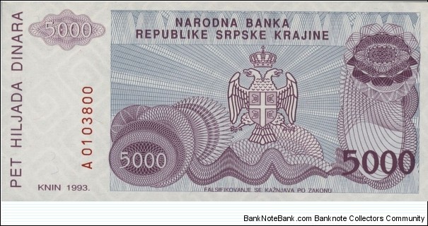 Serb Republic of Krajina 5000 Dinara Banknote