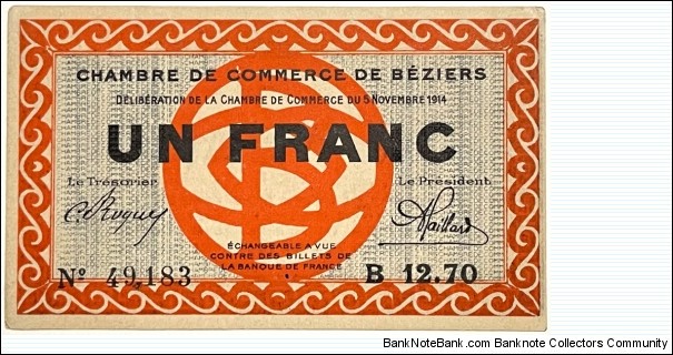 1 Franc (Chambre de Commerce de Beziers 1914)  Banknote