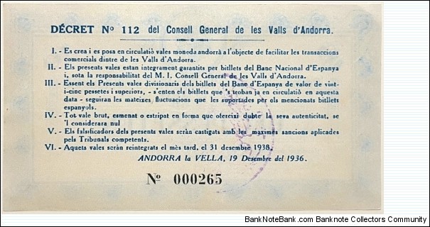 Banknote from Andorra year 1936