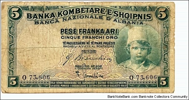 5 Franka Ari / Franchi Oro (Gold Francs) 1926  Banknote