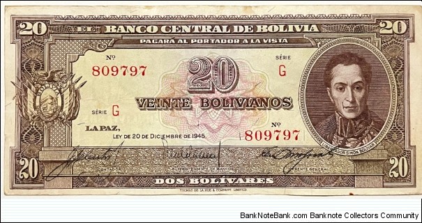 20 Bolivianos (Partial repeater serial 80 9797) Banknote