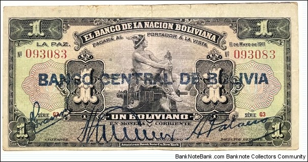 1 Boliviano (Overprinted Issue of 1929 / Serial 093 083) Banknote