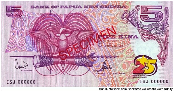 Papua New Guinea N.D. (2000) 5 Kina.

25 Years of Independence.

Specimen. Banknote