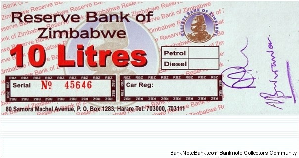Zimbabwe N.D. (2009) 10 Litres fuel coupon. Banknote